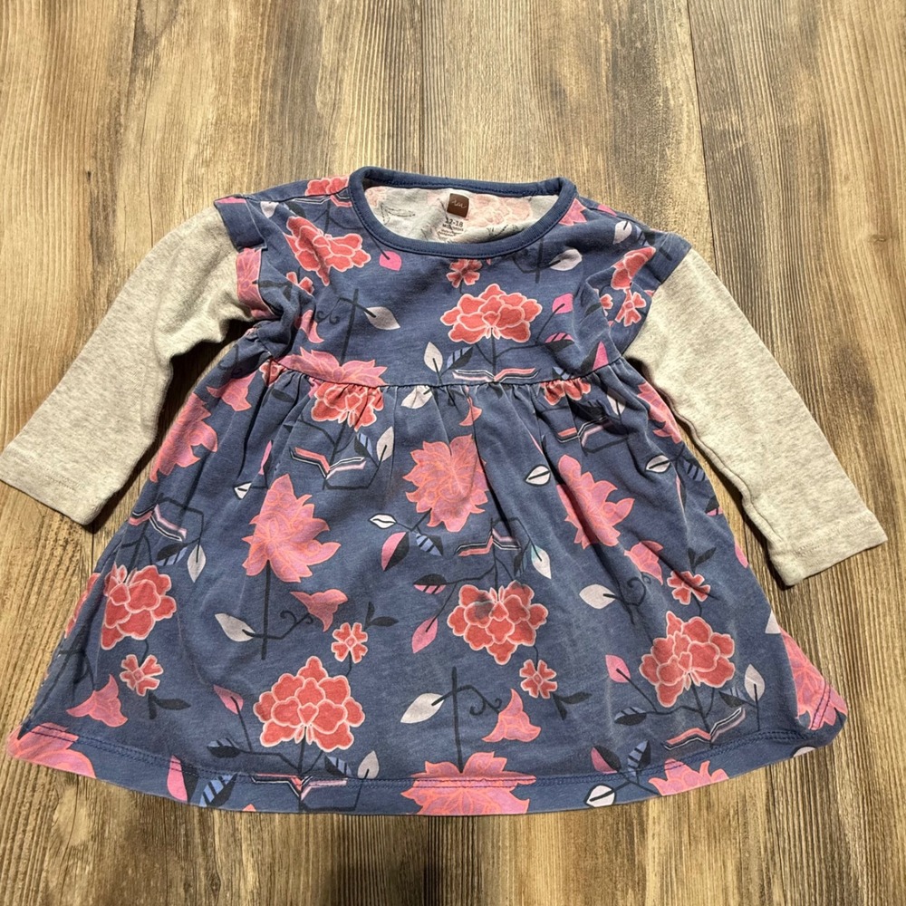 Tea Collection Floral Dress Blue Pink Cotton Cottagecore 12-18M